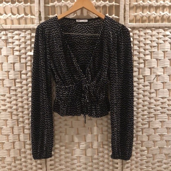 Zara Long Sleeve Black White Polka Dot Pleated Crop Blouse with Tie Accent Small - Picture 1 of 6